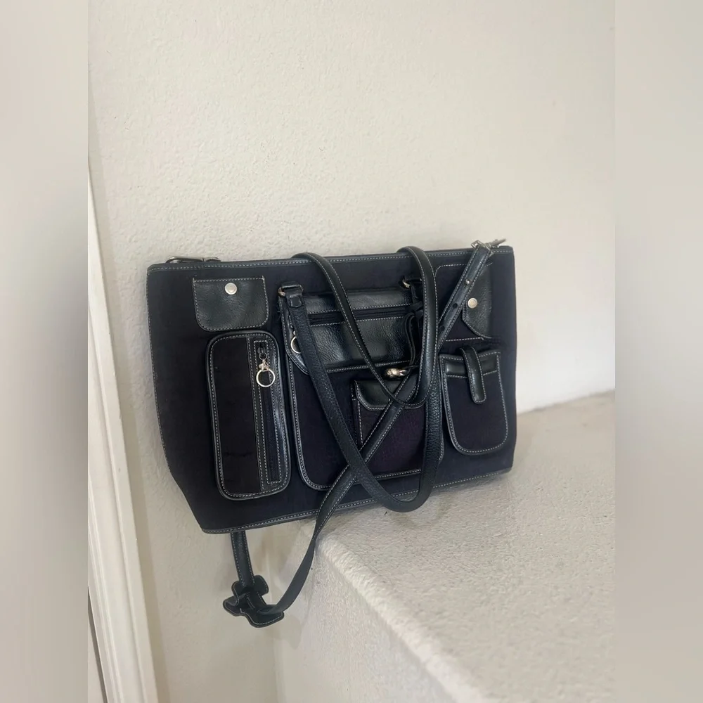 Brighton‎ for Business Black Multi Pocket Canvas and Leather Laptop Tote Bag